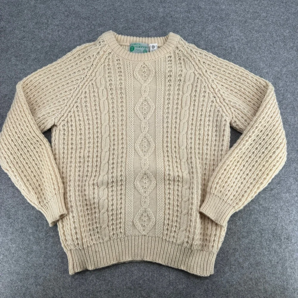 Mairtin Standun Irish Aran Wool Sweater Beige Cable Knit Crewneck Ireland L